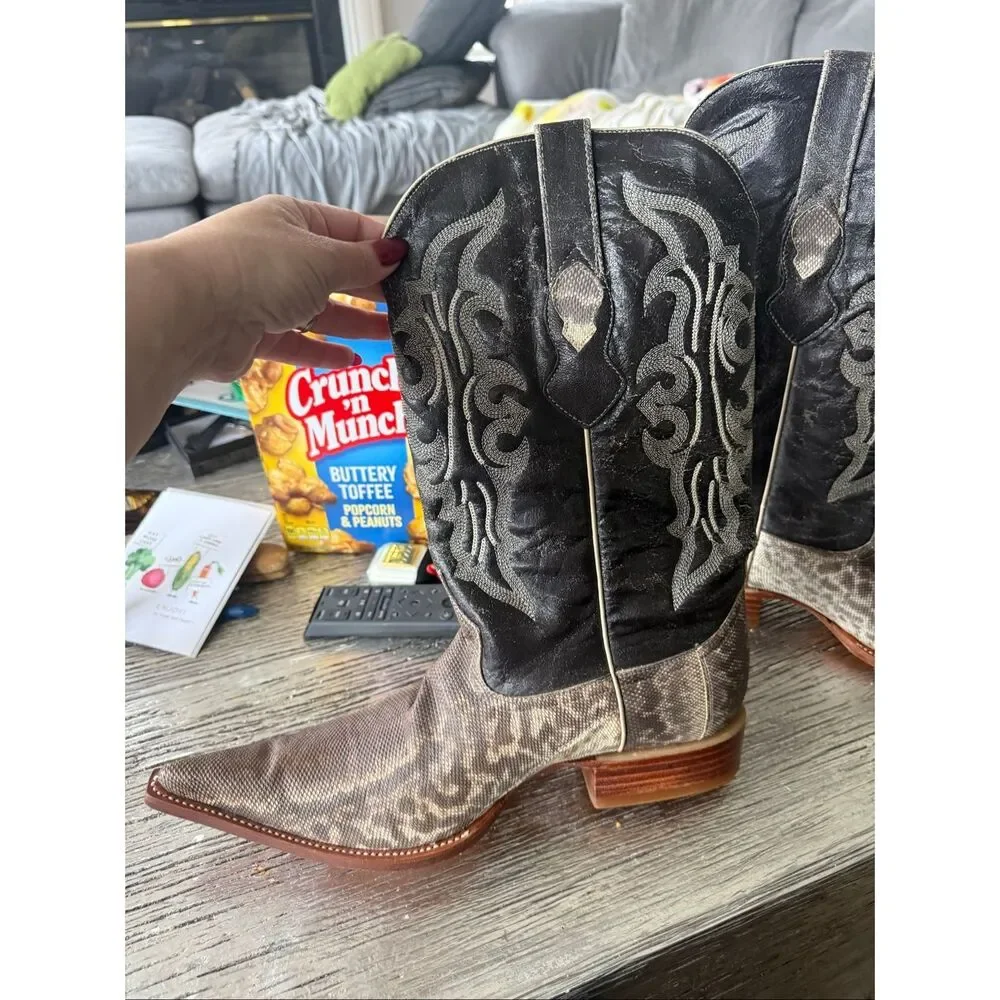 Los Altos Boots Brown Weathered Leather & Snake Skin Snip Toe Cowboy Boots sz 11 - Picture 6 of 12